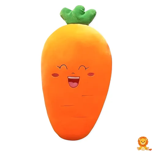 Smilende gulerod plyslegetøj med broderede øjne og et stort smil, lavet af blødt, orange stof med grønne plys blade, perfekt til kram og dekoration. - View 5