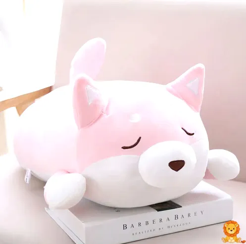 Adorable pink kawaii dog plush with closed eyes, featuring soft, plush material, a gentle expression, and a cuddly design, perfect for snuggling and relaxation. - View 3