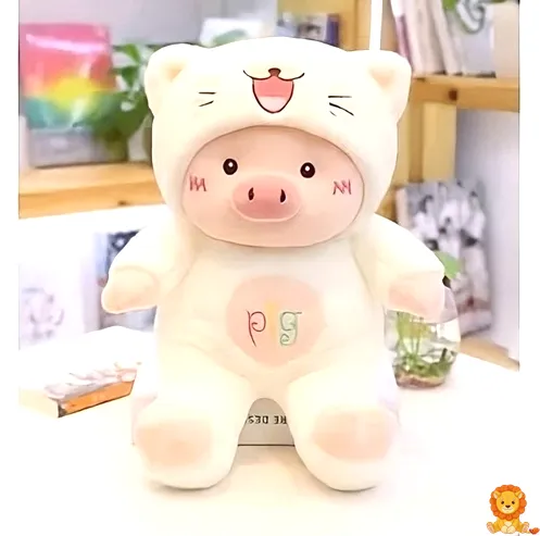 Entzückendes Schweinchen-Plüschtier im Katzenkostüm, rosa Schwein mit grau-weißem Katzenkostüm, weich und kuschelig, ideal als Geschenk oder Dekoration. - View 2