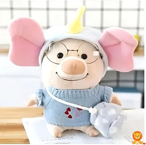Entzückendes Schweinchen Plüschtier im Elefantenkostüm, rosa Schweinchen mit grauen Elefantenohren und Rüssel, kuschelig weich und detailreich verarbeitet. - View 2