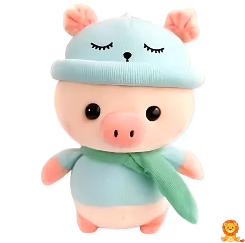 Stoffschwein mit blauem Outfit