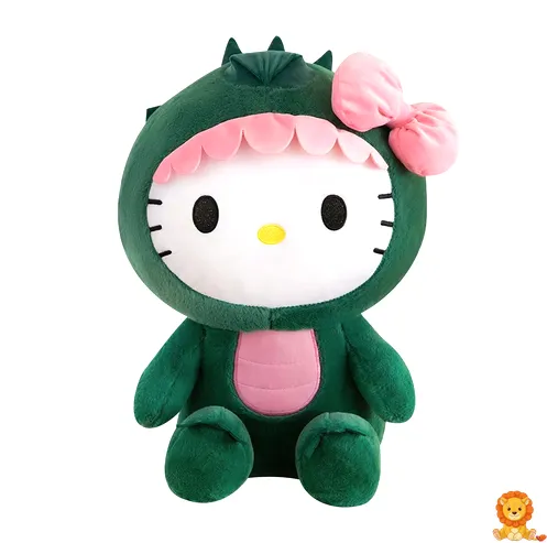 可爱恐龙Hello Kitty毛绒玩具，穿着绿色恐龙服装，柔软舒适，适合儿童和成人，带来无限乐趣。 - View 6