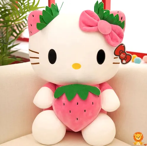 Мила плюшева іграшка Hello Kitty з полуничкою Kawaii, з вишитими деталями, м'яка та приємна на дотик, ідеальна для обіймів та прикраси дитячої кімнати. - View 4