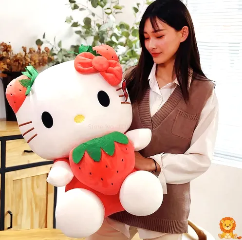 Мила плюшева іграшка Hello Kitty з полуничкою Kawaii, з вишитими деталями, м'яка та приємна на дотик, ідеальна для обіймів та прикраси дитячої кімнати. - View 6