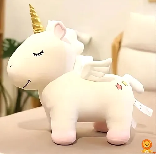 Peluche Licorne Beige, patung unicorn lembut berwarna beige dengan tanduk emas dan mata yang bersinar, sesuai untuk dipeluk dan sebagai hiasan bilik. - View 4