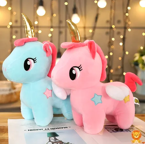 Cuddly blue unicorn plush with a shimmering golden horn, soft fur, and embroidered details, perfect for snuggling and imaginative play. - View 3