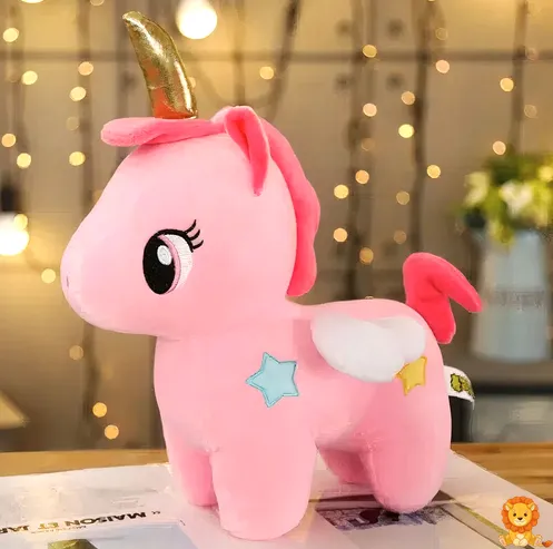Adorable pink unicorn plush toy with a shimmering golden horn, soft pink mane and tail, and embroidered eyes, perfect for cuddling and imaginative play. - View 6
