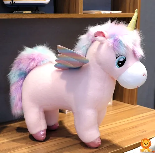 ตุ๊กตา ยูนิคอร์น สีชมพู นุ่มนิ่ม น่ารัก มีขนปุยสีชมพูอ่อน ดวงตากลมโต และแผงคอสีรุ้ง เหมาะสำหรับเป็นเพื่อนเล่นหรือของตกแต่งห้อง - View 3