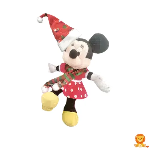 Christmas Minnie Mouse plush wearing a festive holiday outfit with a red and green dress and a Santa hat, holding a candy cane, perfect for holiday decorations and gifts. - View 5