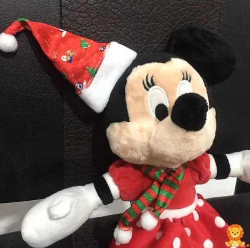 Christmas Minnie Mouse plush wearing a festive holiday outfit with a red and green dress and a Santa hat, holding a candy cane, perfect for holiday decorations and gifts. - View 3