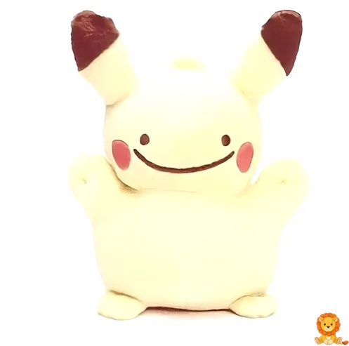 メタモンに変身したピカチュウのぬいぐるみ。丸いフォルムで、メタモンの特徴を持ちつつピカチュウの愛らしさを表現。高品質な素材を使用し、細部まで丁寧に作られています。 - View 2