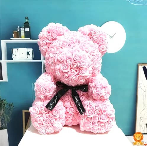 Peluk beruang yang ditutupi dengan mawar pink buatan, ukuran 25cm atau 40cm, hadiah ideal untuk orang tersayang. - View 2