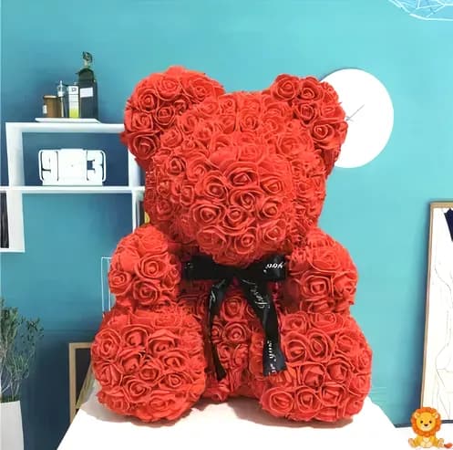 红色鲜花小熊毛绒玩具，25厘米或40厘米可选，由柔软的毛绒材料制成，装饰着红色鲜花，是表达爱意和温馨的完美礼物。 - View 2