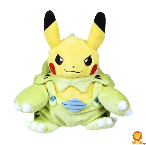 ティラノサウルスのかわいいコスチュームを着たピカチュウのぬいぐるみ。鮮やかな色使いと丁寧な作りが特徴で、ポケモンファンや恐竜好きにはたまらない一品です。 - View 2