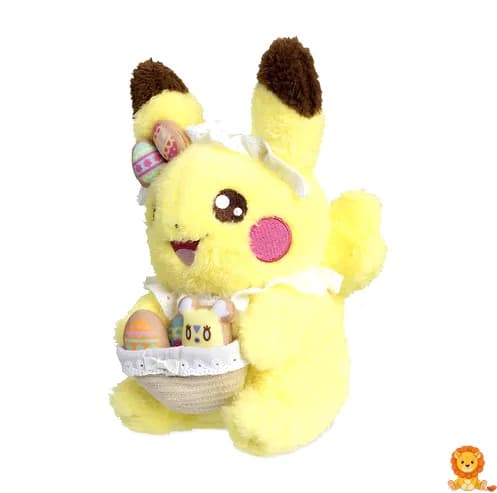 イースターエッグの飾りとパステルカラーのリボンをつけた、可愛らしいピカチュウのぬいぐるみ。春の装いで、お子様へのプレゼントに最適。 - View 2