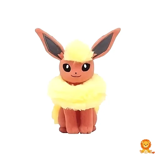 Adorable Flareon plush toy with bright orange fur, fluffy tail, and black eyes, sitting upright and smiling, perfect for cuddling and displaying in a Pokémon collection. - View 2