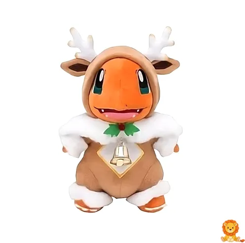 Плюшена играчка Charmander облечен като коледен елен с червена шапка и рога на елен, усмихнат и готов за празниците. - View 4