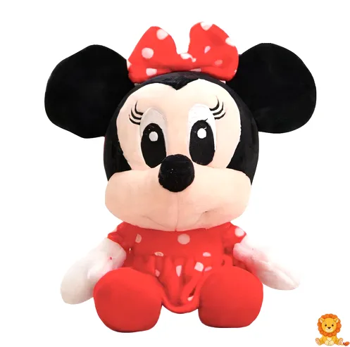 Kırmızı elbiseli, puantiyeli kurdeleli, gülümseyen küçük Minnie Mouse peluş oyuncak. Yumuşak ve sarılabilir malzemeden üretilmiştir. - View 3