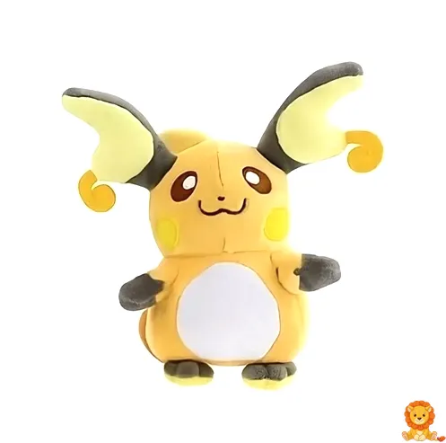 ミニライチュウぬいぐるみ、明るい黄色、三角の耳、茶色の縞模様の尻尾、愛らしい笑顔。 - View 2