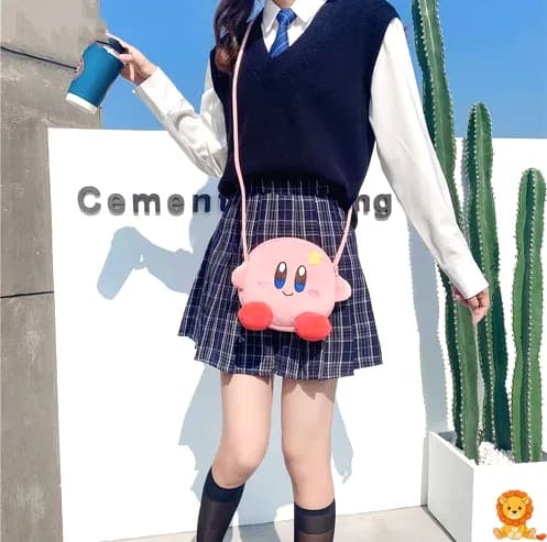 Pembe Kirby omuz çantası, sevimli yüz ifadesi, ayarlanabilir askı, günlük kullanım için ideal, anime ve oyun severler için mükemmel hediye. - View 3
